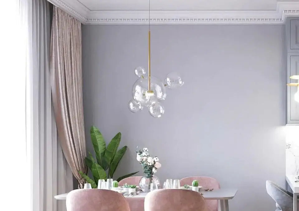 DecorBites Nordic LED bubble chandelier glass pendant light with gold-toned chain for living room or dining room decor led