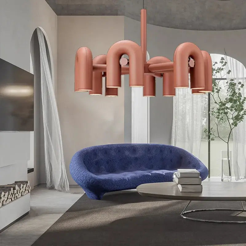 DecorBites™ nordic led ceiling chandelier with matte rose gold sculptural curved tubular arms for home decor