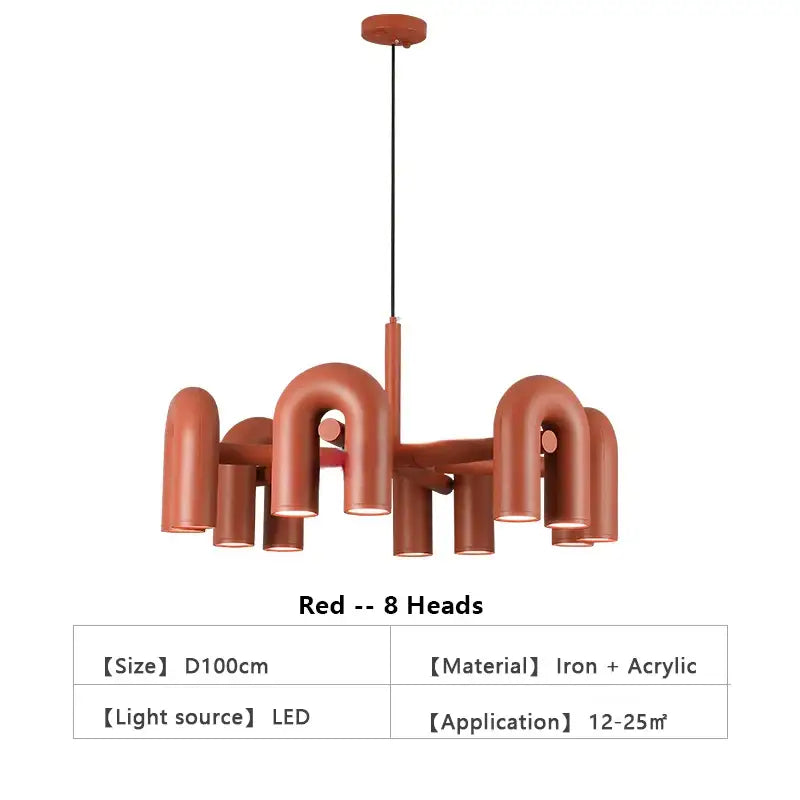 Decorbites™ nordic led ceiling chandelier in red with eight curved iron and acrylic arms for modern home decor