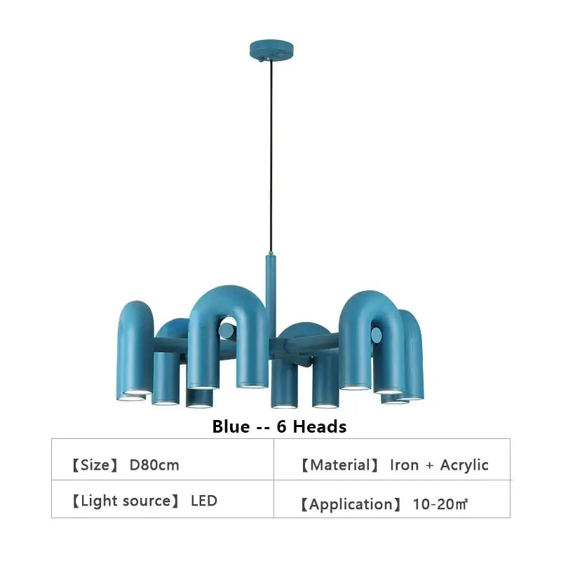 Decorbites™ nordic blue led ceiling chandelier with six curved iron and acrylic arms for modern home lighting