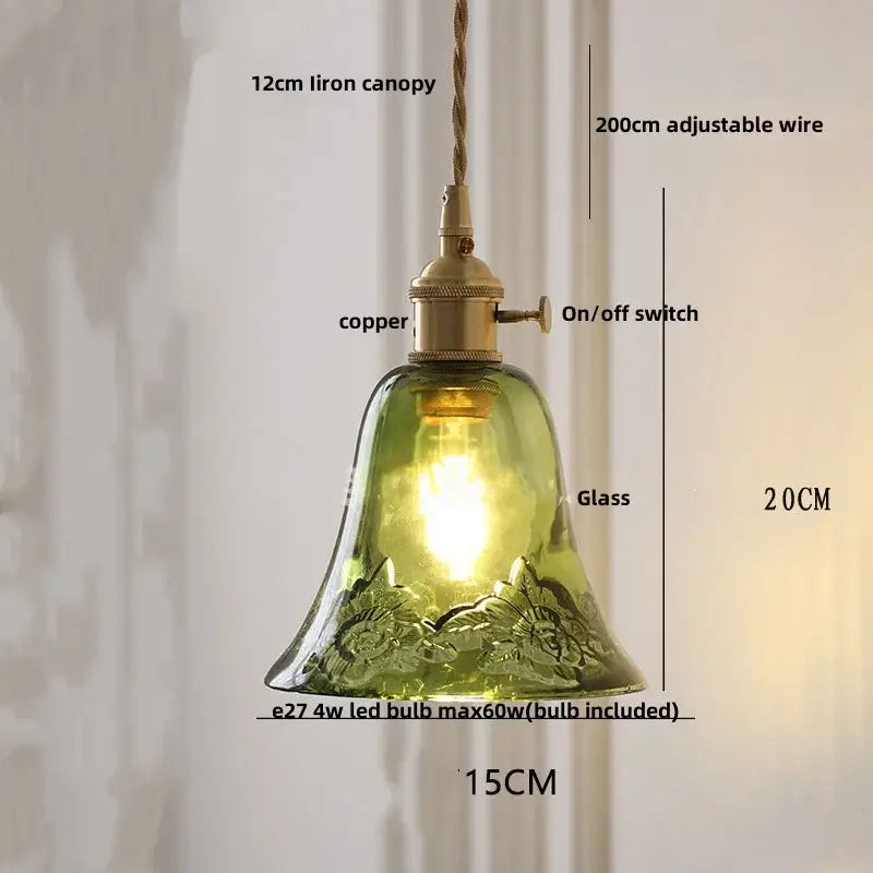 Decorbites nordic led pendant light green glass with floral etching brass copper fixture and adjustable chain cord suspension