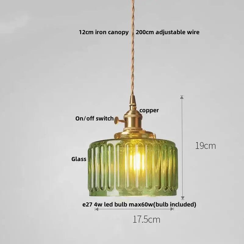 Decoratorbites nordic led pendant light with green ribbed glass shade brass copper hardware and adjustable chain cord suspension