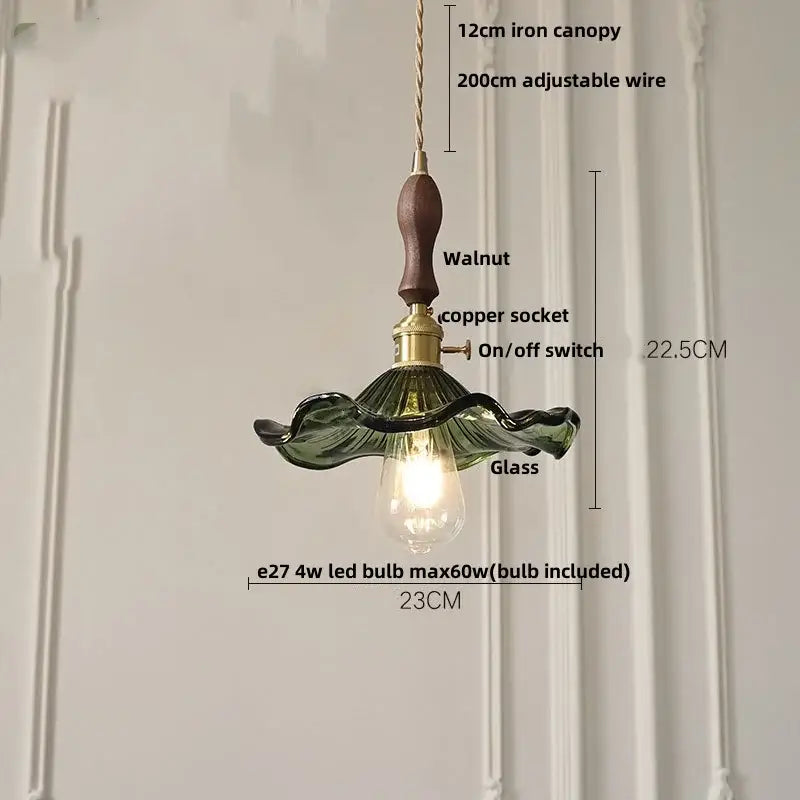 DecorBites™ nordic led pendant light with green glass shade, walnut handle, brass accents, and chain cord hanging fixture