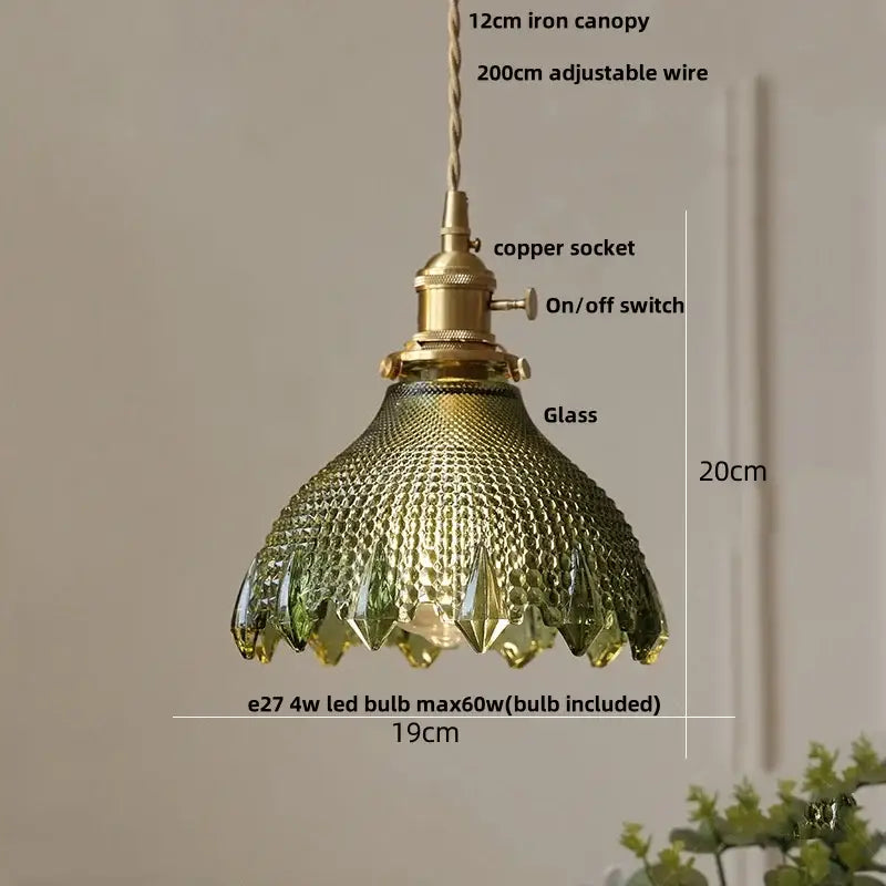 DecorBites nordic led pendant light with emerald green textured glass shade and brass finish chain cord hanging fixture