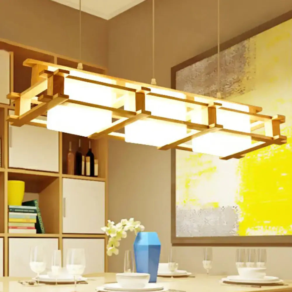DecorBites™ Nordic Milk Glass Island Light - Rectangular 3-Light Beige Suspension Lamp with Wooden Cage
