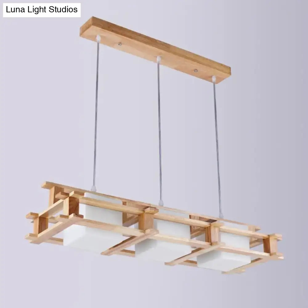 DecorBites™ Nordic Milk Glass Island Light - Rectangular 3-Light Beige Suspension Lamp with Wooden Cage