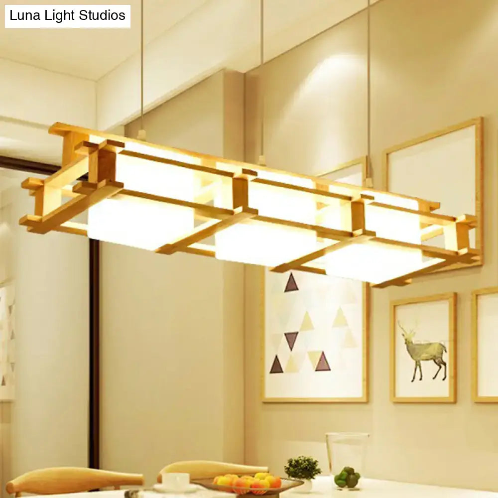 DecorBites™ Nordic Milk Glass Island Light - Rectangular 3-Light Beige Suspension Lamp with Wooden Cage