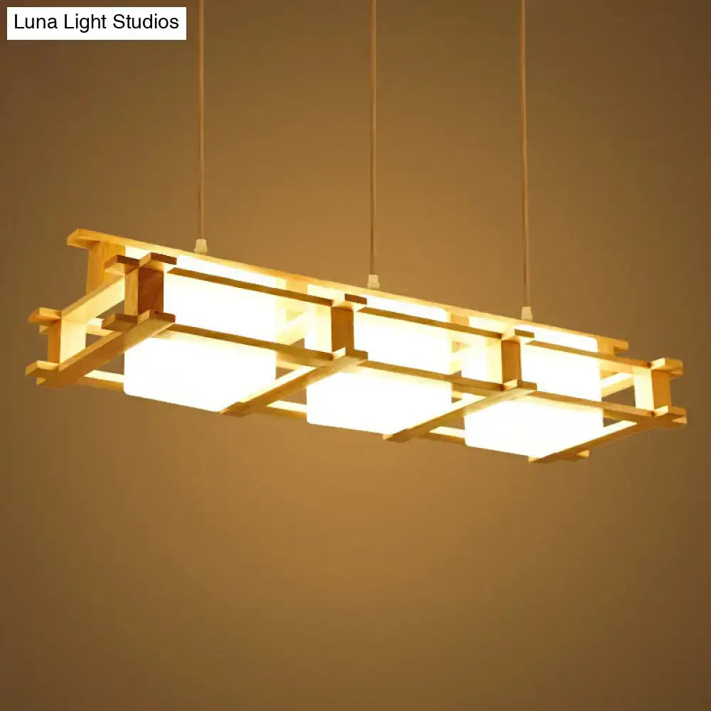 DecorBites™ Nordic Milk Glass Island Light - Rectangular 3-Light Beige Suspension Lamp with Wooden Cage