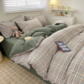 DecorBites™ Nordic plaid cotton bedding set queen king with soft muted green base and beige brown cream checkered pattern