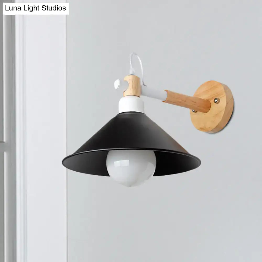 DecorBites™ Nordic Style Conic Wall Sconce with Wooden Backplate and Black Metallic Finish