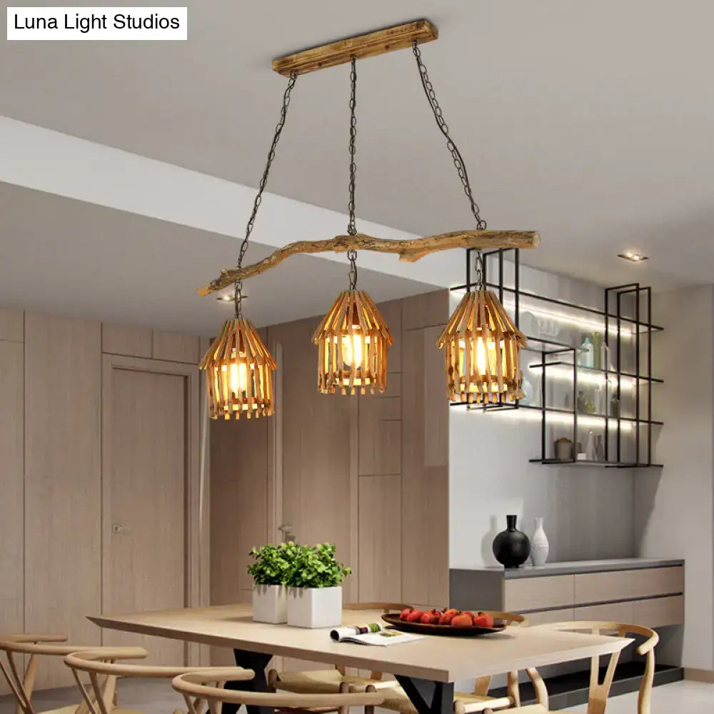 DecorBites™ Nordic Style Wooden House Pendant Light with 3 Heads - Ideal for Dining Room