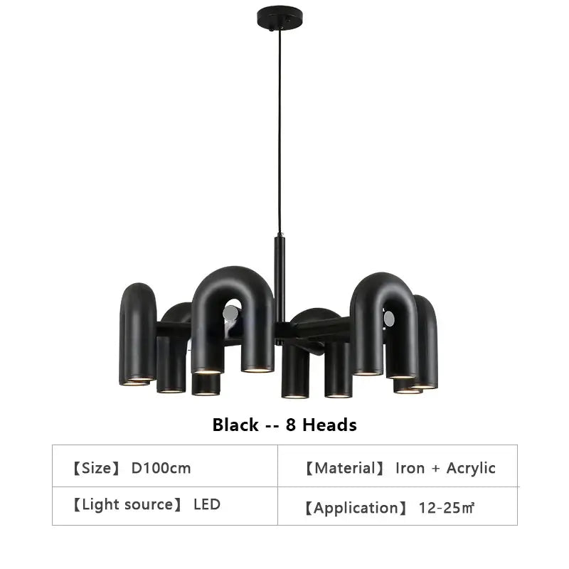 Black iron and acrylic decorbites™ nordic u shape led ceiling chandelier with eight curved pipe-like light heads