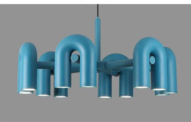 Decorbites™ nordic u shape led ceiling chandelier featuring modern blue industrial-style curved pipe led ceiling arms