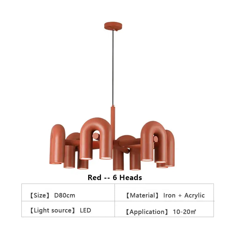 DecorBites Nordic U shape LED ceiling chandelier with six curved red iron and acrylic arms in a modern shape led ceiling design