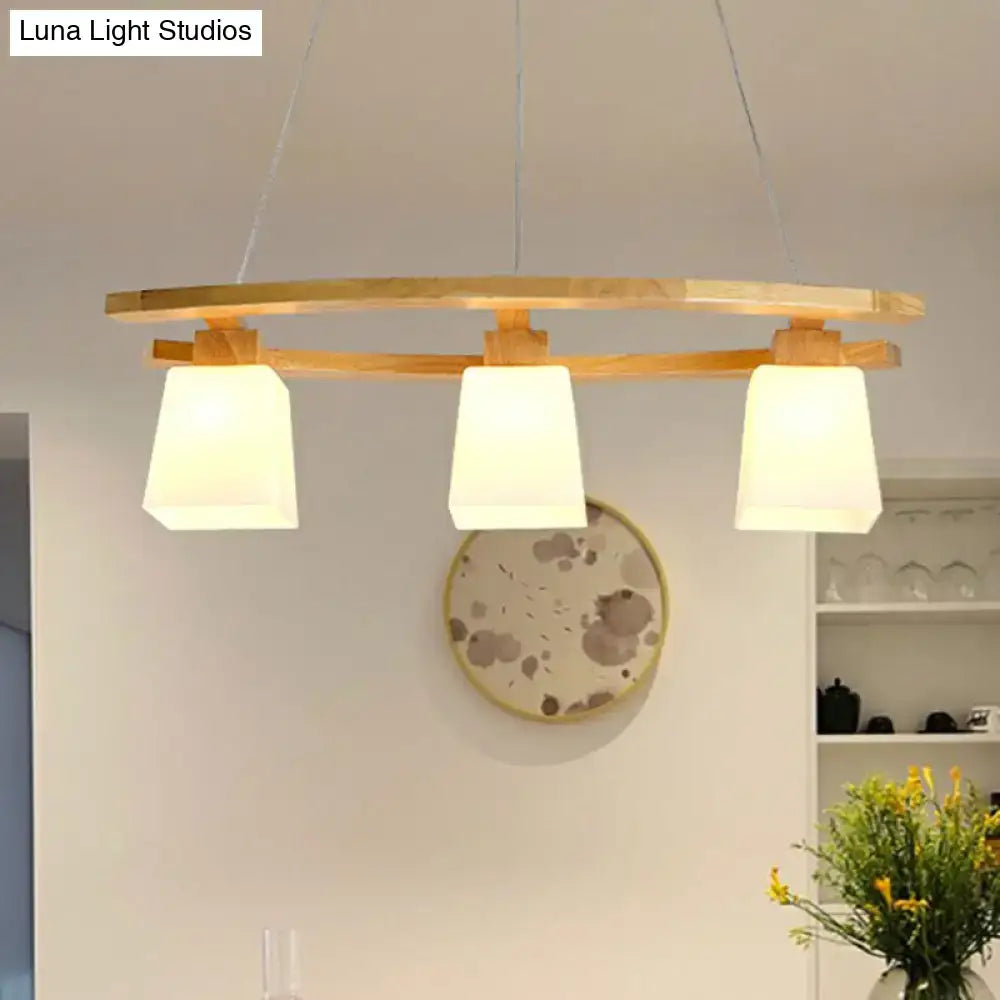 DecorBites™ Nordic Wood Island Pendant Ceiling Light with Trapezoid White Glass Shade - 3-Light Dining Room Fixture