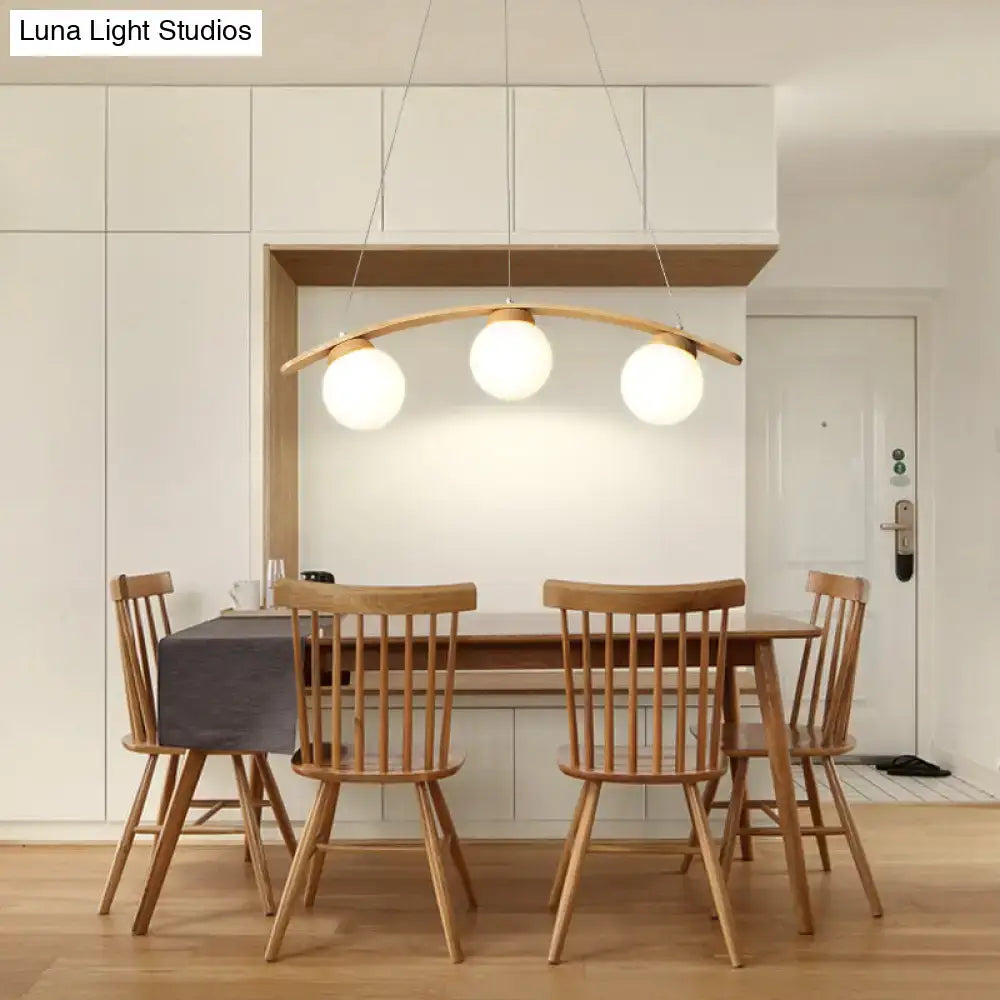 DecorBites™ Nordic Wooden 3-Head Pendant Light with White Glass Shades - Arc Island Ceiling Lamp for Dining Room