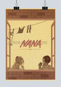 Vintage-style nostalgic japan anime nana kraft poster featuring two characters seated by a window with brick and laundry