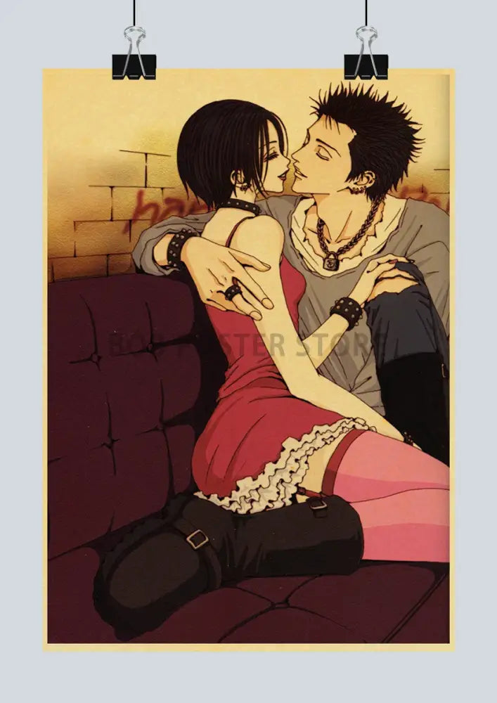 Vintage-style nostalgic japan anime nana kraft poster featuring an anime couple with woman in red dress and pink stockings