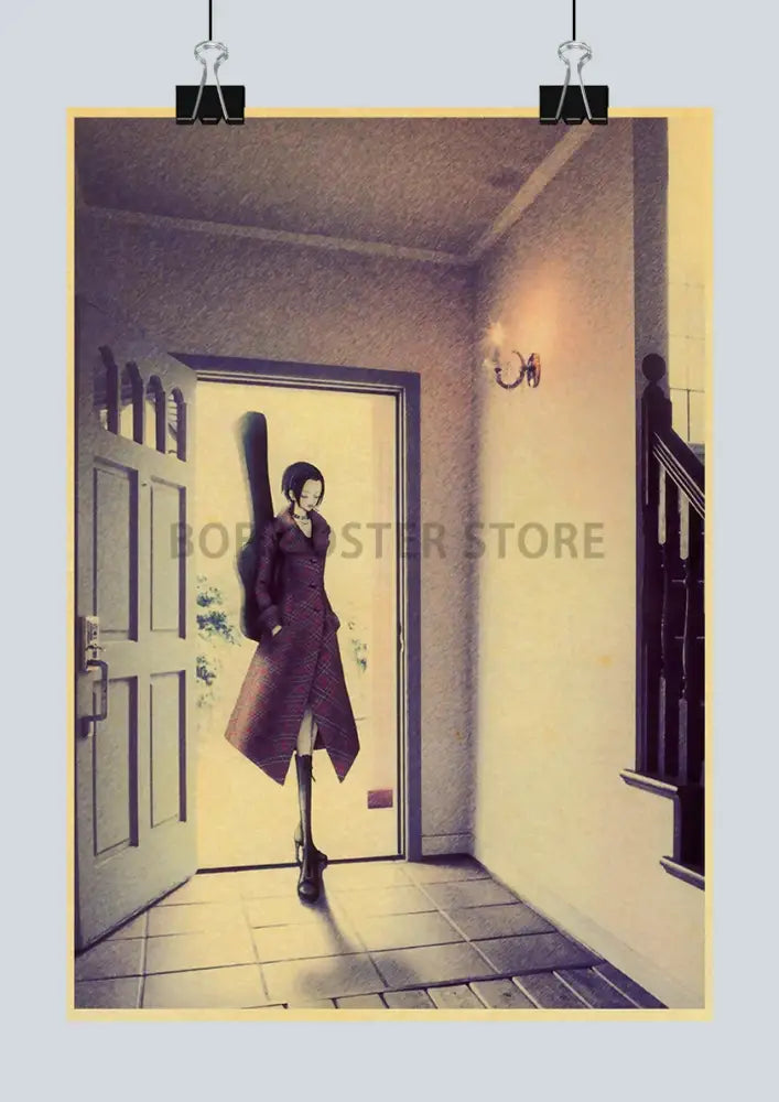 A vintage-style kraft poster from decorbites™ featuring a woman with guitar case in sunlit japan anime nana hallway