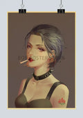 A framed digital art poster featuring a stylized woman with gray hair and choker in the DecorBites™ japan anime nana set