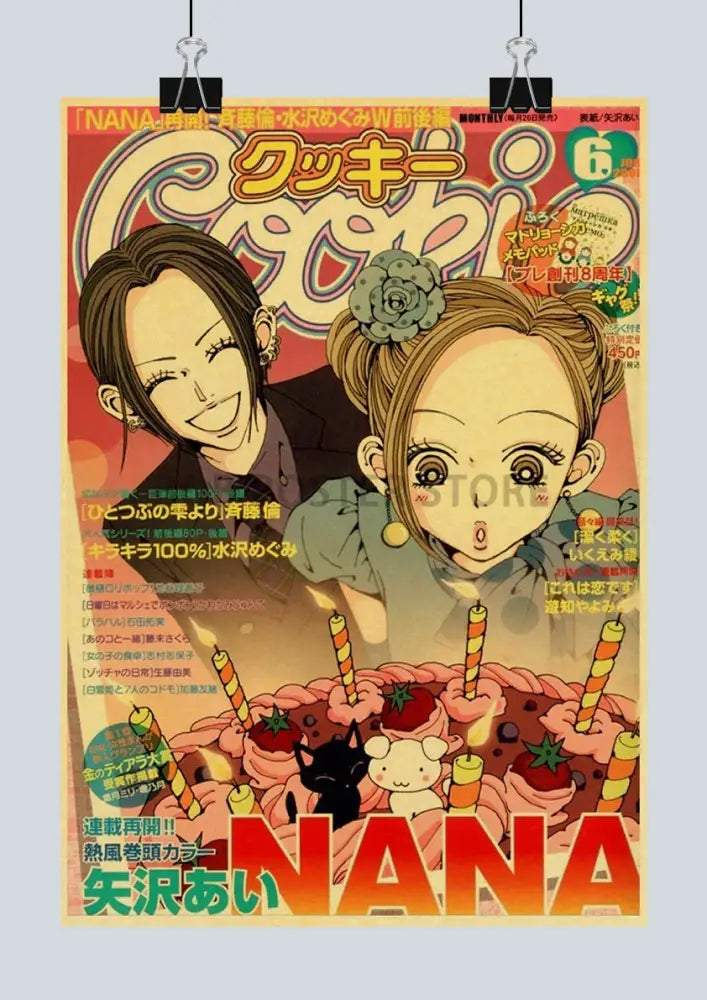 Vibrant orange and pink japan anime nana magazine cover featuring two characters with a birthday cake design in decorbites poster set