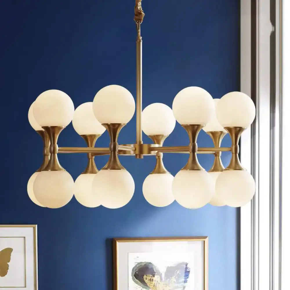 DecorBites™ Opal Glass Chandelier Light with 12/16 Brass Globe Heads – Postmodern Ceiling Hanging Lamp