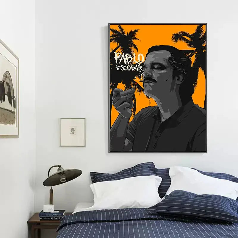 Vibrant orange and black framed pablo escobar wall art canvas featuring stylized lord pablo escobar portrait with palm trees