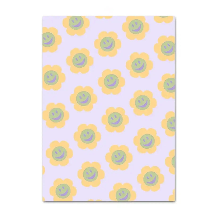 Decorbites™ pastel lavender notepad featuring a repeating pattern of cheerful yellow checkered smiley flowers wall art print