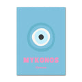 Light blue rectangular decorbites™ wall art with abstract danish pastel eye design and pink mykonos lettering
