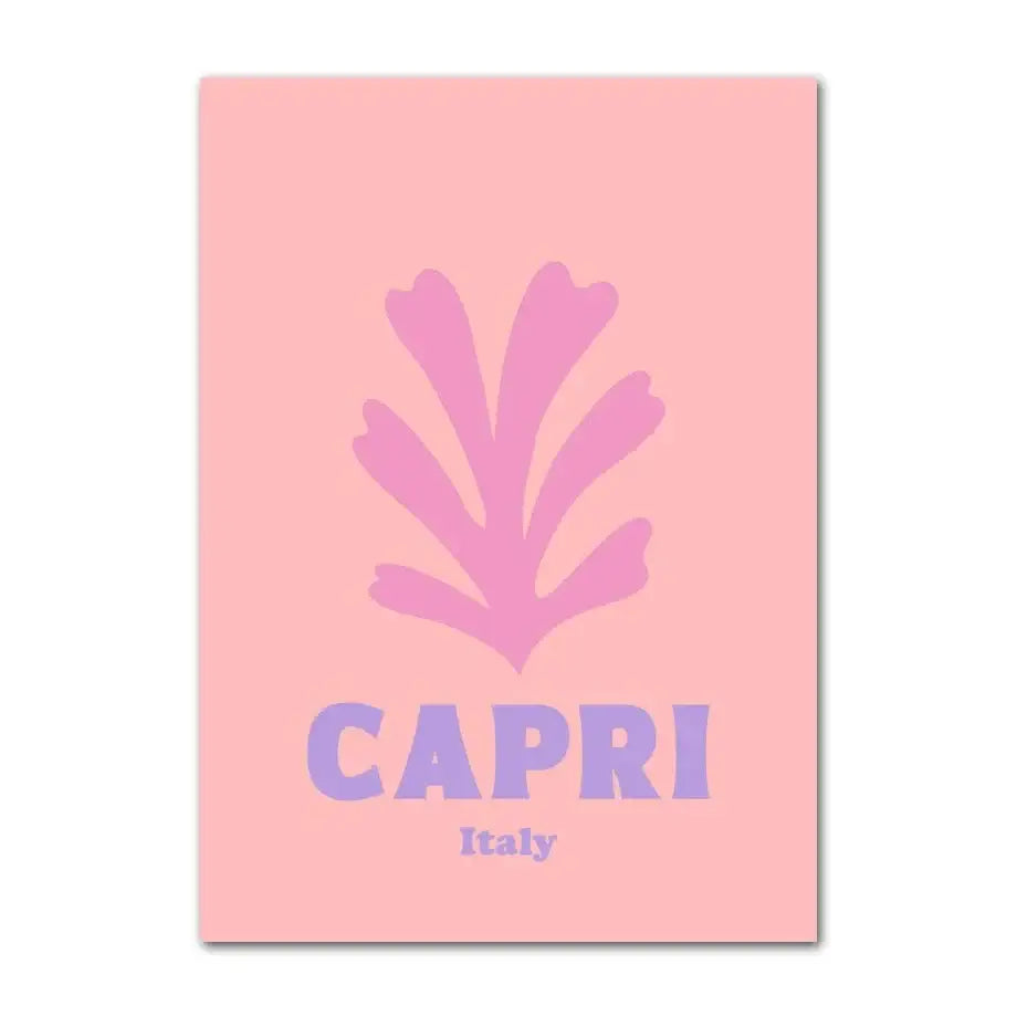 Pink rectangular wall art with stylized purple seaweed and capri italy text in danish pastel decorbites print