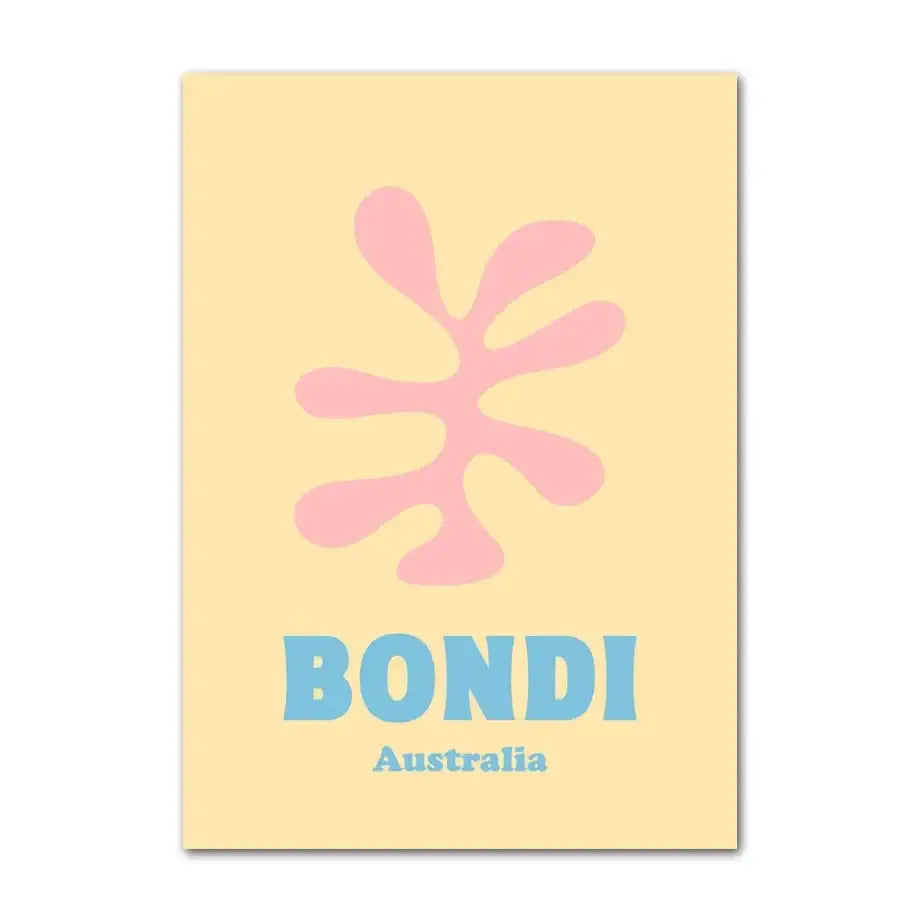 Pastel yellow rectangular wall art featuring a stylized pink smiley flower and bold blue bondi text from decorbites pastel danish wall collection
