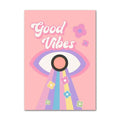 Decorbites pastel purple smiley flower canvas wall art pink rectangular print with stylized eye and good vibes text