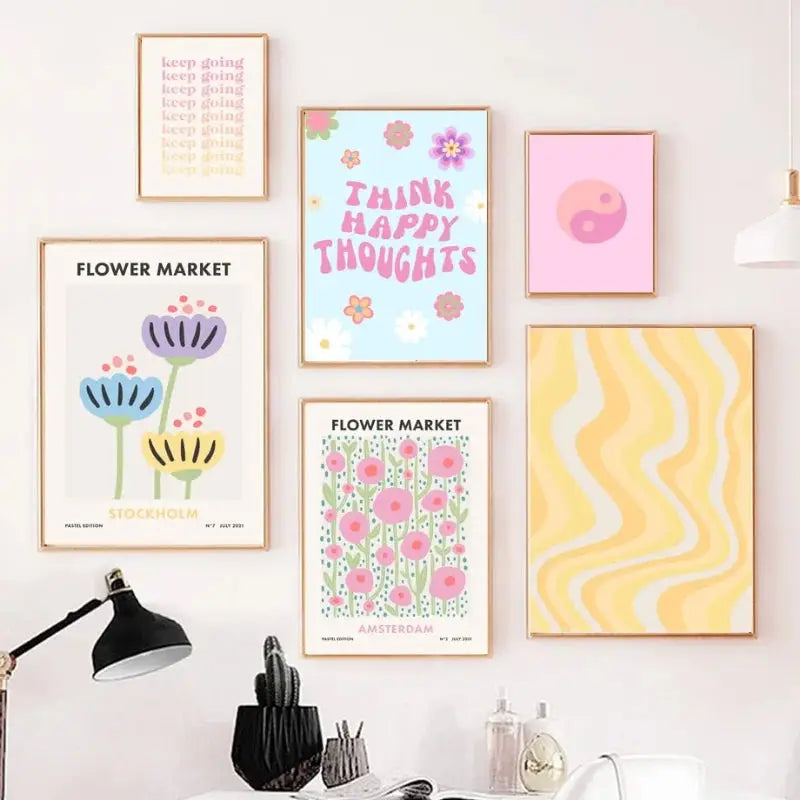 Decorbites™ pastel smile flower canvas wall art featuring pastel-colored floral and motivational framed prints