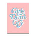 Pink rectangular canvas art print with girls don’t cry in light blue cursive featuring danish pastel smiley flower design