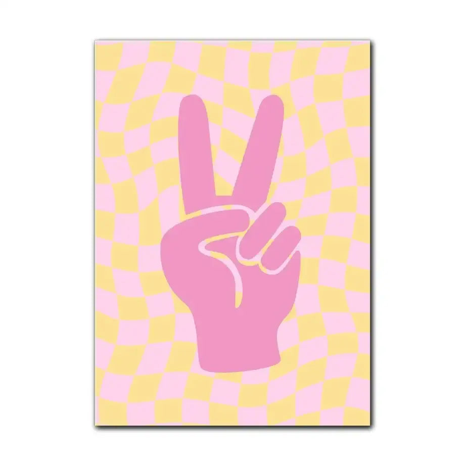 Decorbites™ pastel smiley flower wall art print featuring a pink peace sign hand graphic on a checkered background