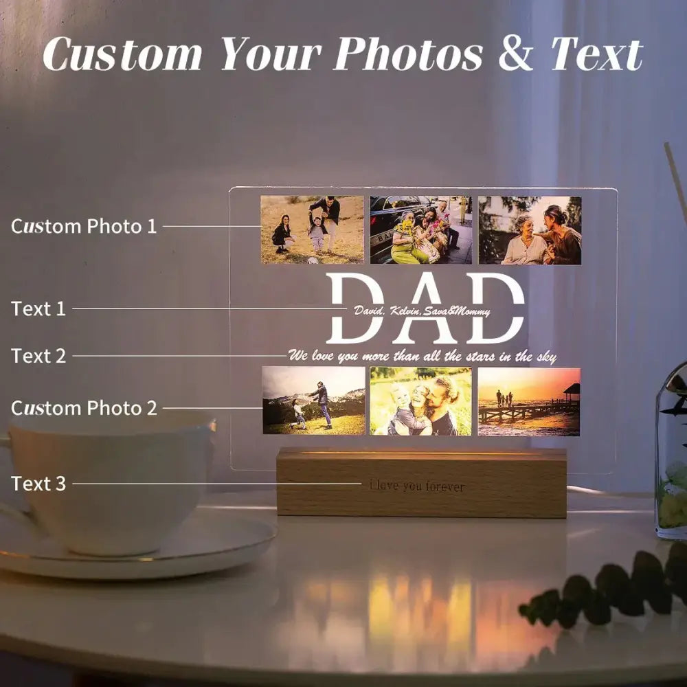 DecorBites™ Personalized Custom Photo Text 3D Acrylic Lamp Customized Bedroom NightLight for MOM DAD LOVE Family Birthday Christmas Day Gift