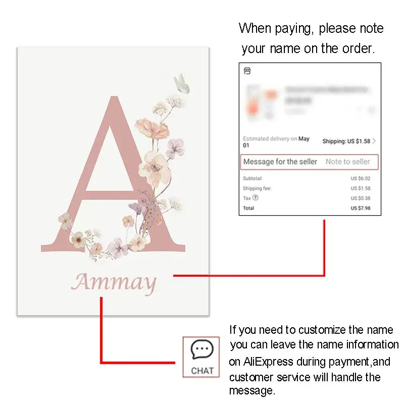 DecorBites™ Personalized Pink Floral Nursery Wall Art