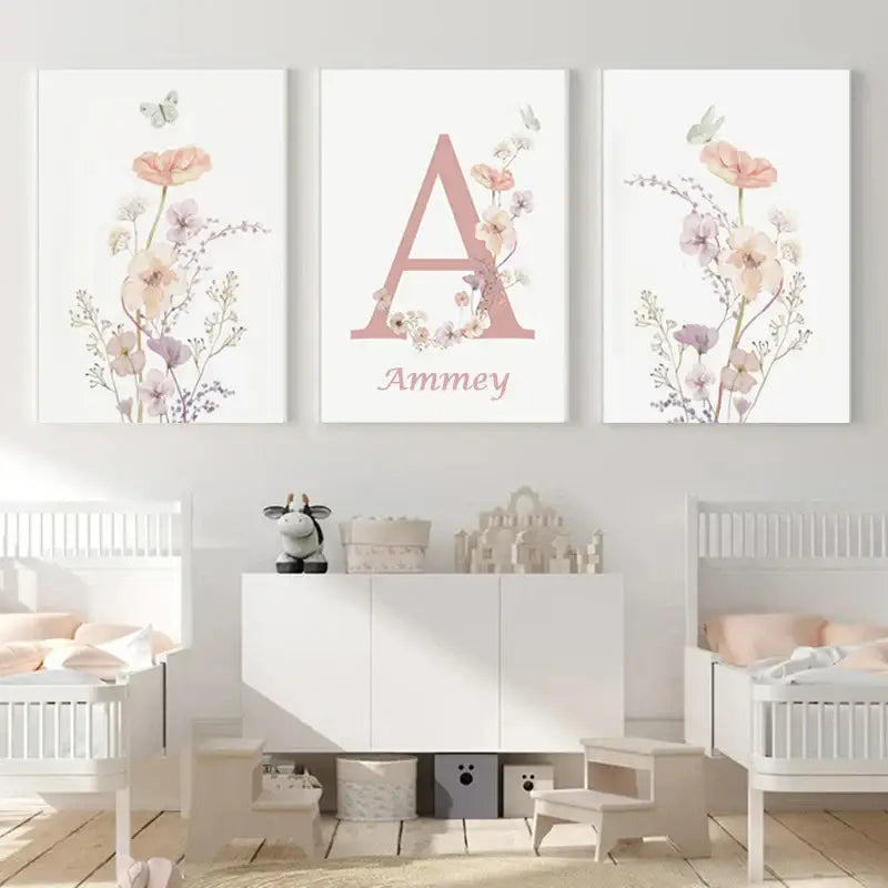 DecorBites™ Personalized Pink Floral Nursery Wall Art