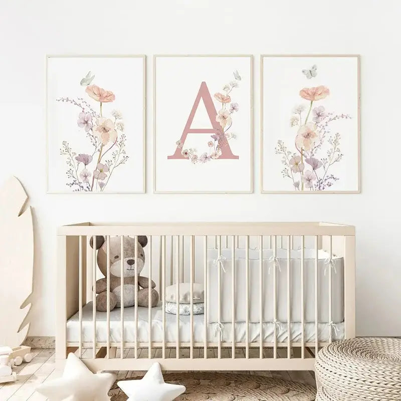 DecorBites™ Personalized Pink Floral Nursery Wall Art