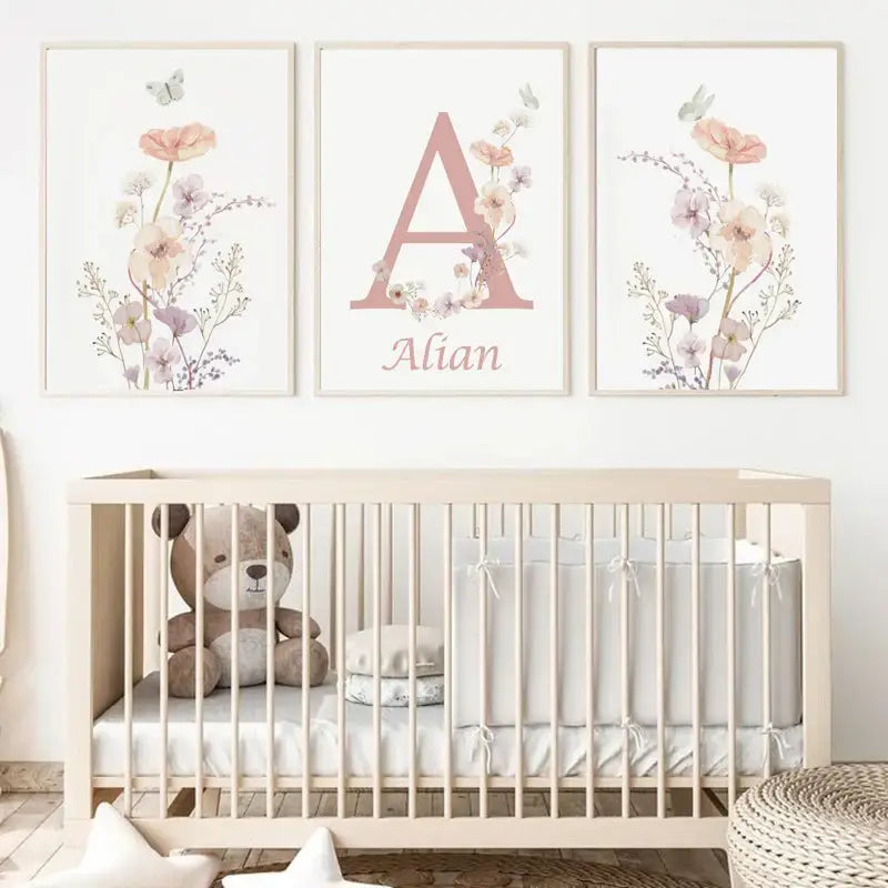 DecorBites™ Personalized Pink Floral Nursery Wall Art