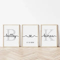 DecorBites™ personalized set of 3 minimalist wall art with black cursive script and gray monogram on white canvas paintings