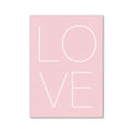 A minimalist pink DecorBites™ modern wall art poster with white love outline lettering for stylish room decor