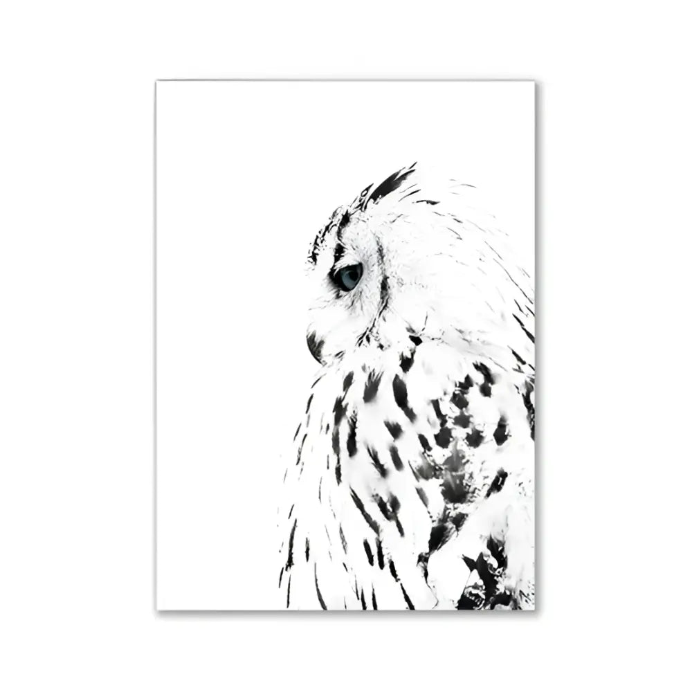 A monochrome fine ink snowy owl illustration on white paper featured in decorbites™ pink aesthetic wall art for room decor