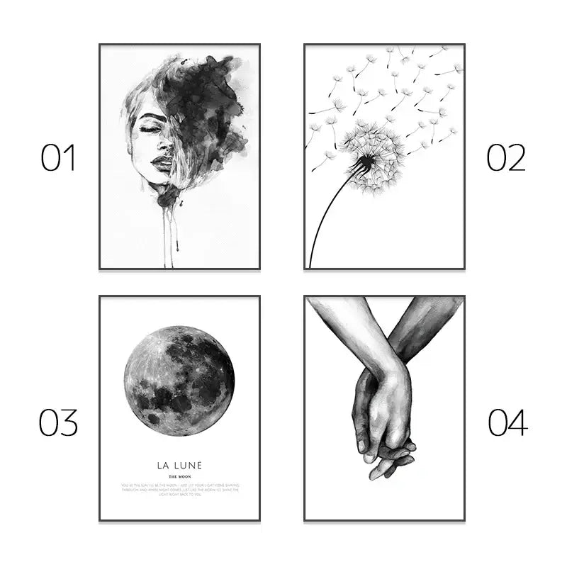 Set of four minimalist black and white framed wall art prints from decorbites™ pink aesthetic room decor collection