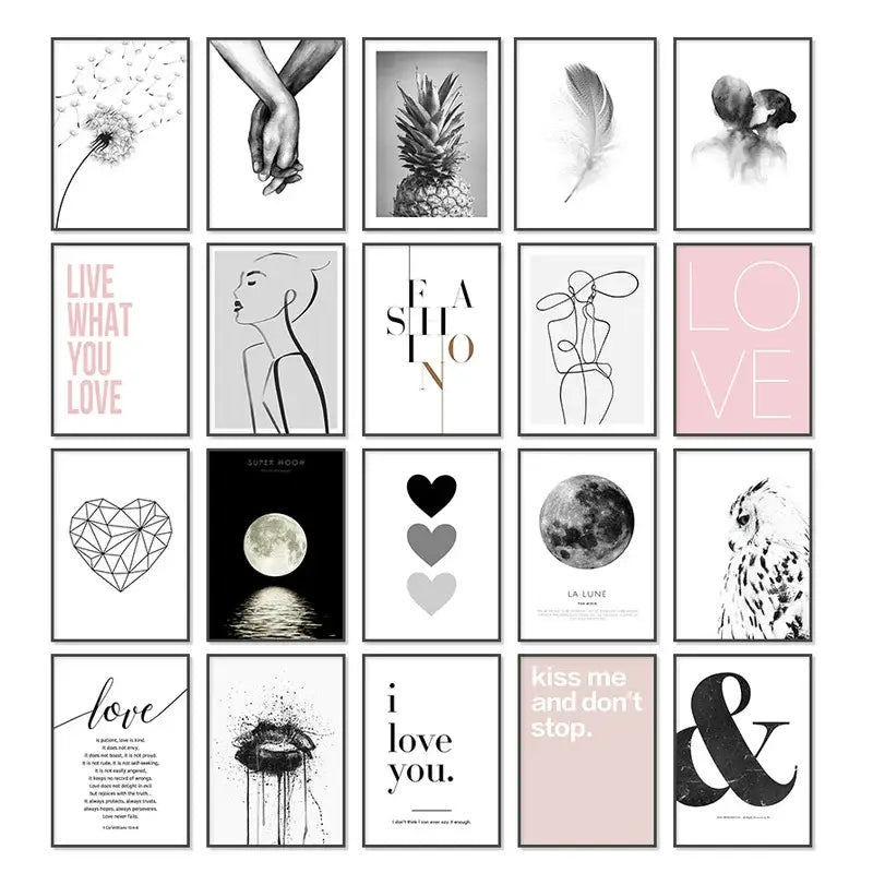 A collection of decorbites™ pink aesthetic wall art prints featuring minimalist black and white and pastel designs
