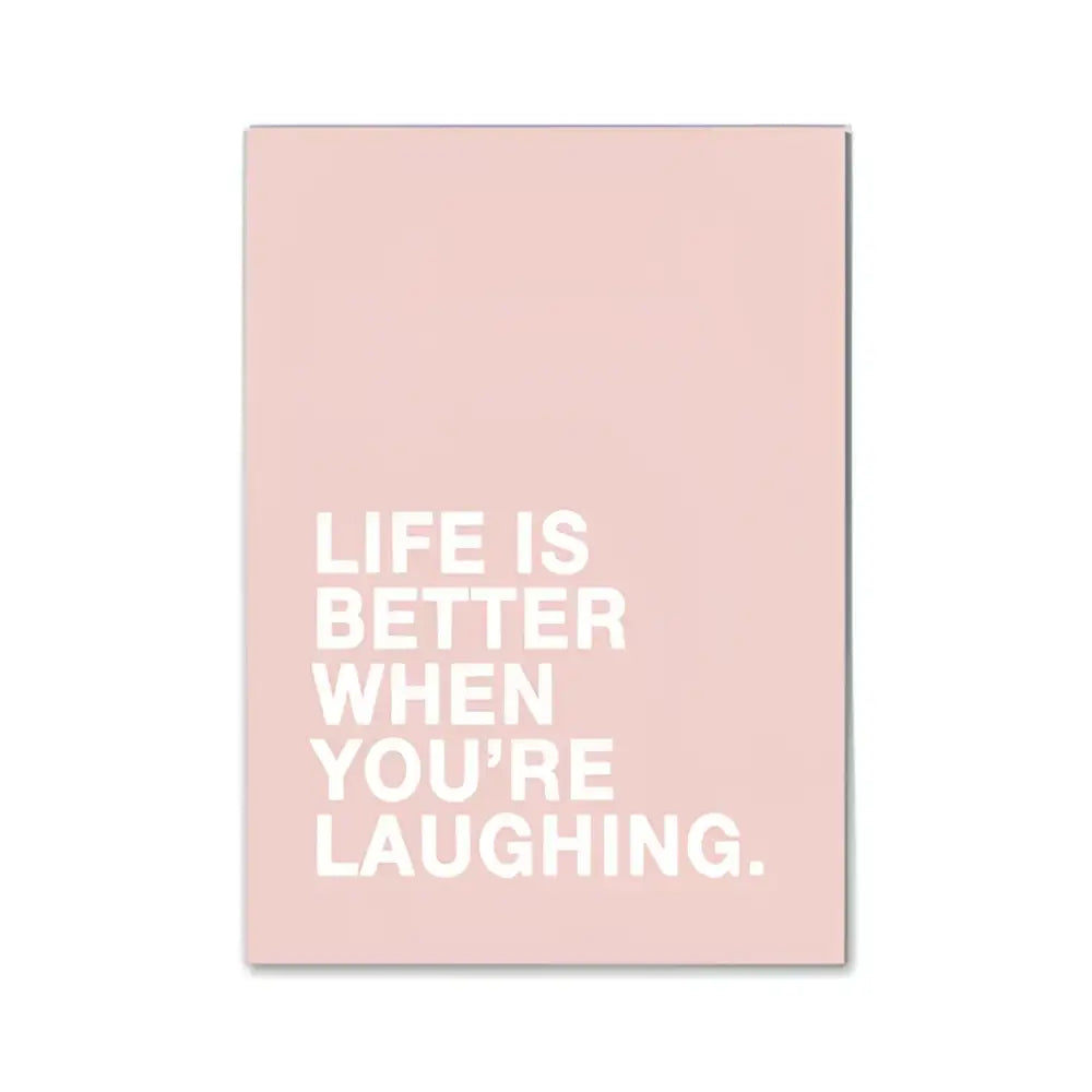 Pink aesthetic wall art rectangular with white text life is better when youre laughing for girls bedroom decor