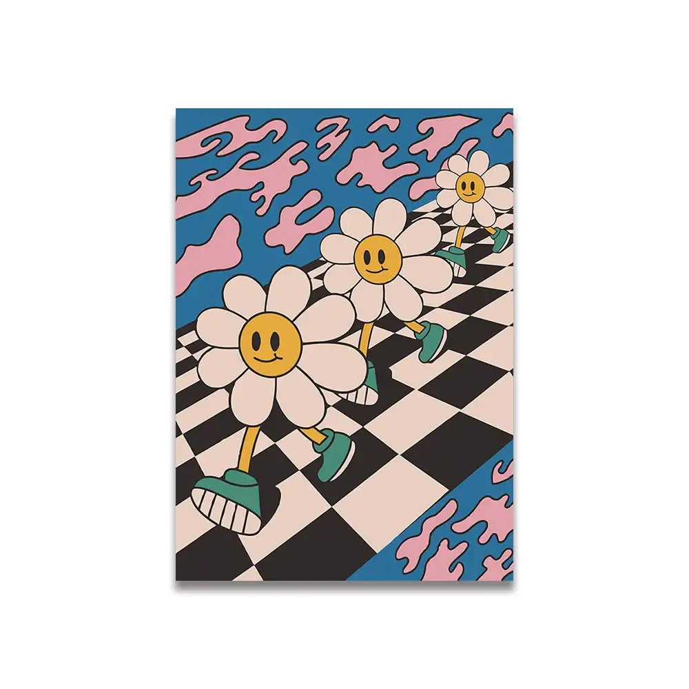 Decorbites™ pink cartoon print canvas wall art featuring three smiling daisies running on a checkered floor