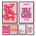 Set of six pink-themed motivational quote art posters with bold colorful typography and black frames by DecorBites™