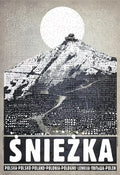 Black and white halftone canvas wall art featuring snow capped śnieżka mountain with full moon poland city landmarks