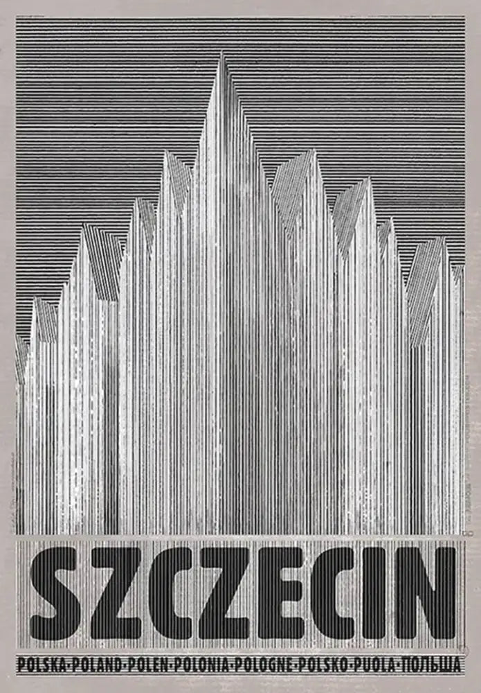 Black and white striped graphic poster featuring szczecin in bold letters for poland city landmarks wall art
